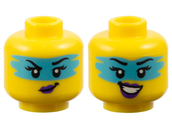 Minifigure, Head Dual Sided Female Black Eyebrows, Eyelashes, Medium Azure Face Paint, Dark Purple Lips, Lopsided Grin / Open Mouth Smile with Teeth Pattern