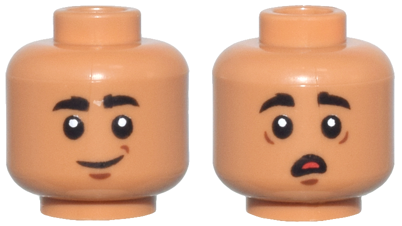 Minifigure, Head Dual Sided Thick Black Eyebrows, Reddish Brown Chin Dimple, Grin / Scared Open Mouth with Red Tongue Pattern