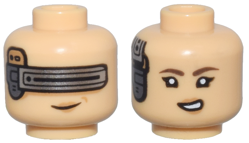 Minifigure, Head Dual Sided Female Dark Silver and Silver Mechanical Device, Nougat Lips, Visor and Grin / Dark Brown Eyebrows, Black Single Eyelashes, Lopsided Open Mouth Smile with Teeth Pattern