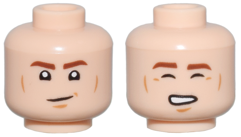 Minifigure, Head Dual Sided Reddish Brown Eyebrows, Medium Nougat Cheek Lines and Chin Dimple, Smirk / Closed Eyes and Open Mouth Smile with Teeth Pattern