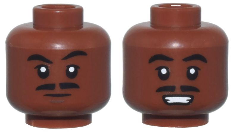 Minifigure, Head Dual Sided Black Eyebrows, Upper Eyelids, and Split Moustache, Dark Brown Chin Dimple, Neutral / Open Mouth Smile with Teeth Pattern