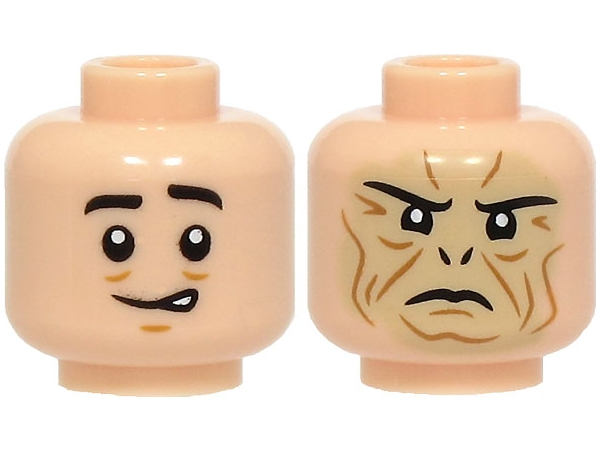 Minifigure, Head Dual Sided Black Eyebrows, Medium Nougat Chin Dimple, Worried Smile / Tan Face with Nostrils, Wrinkles, Fierce Pattern
