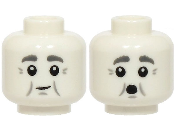 Minifigure, Head Dual Sided Dark Bluish Gray Eyebrows, Light Bluish Gray Crow's Feet, Cheek Lines, Chin Dimple, Grin / Surprised Open Mouth Pattern