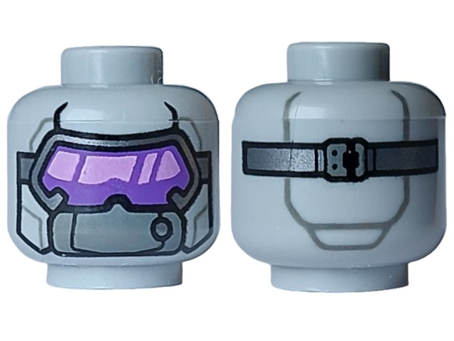 Minifigure, Head Alien Black and Silver Visor, Dark Purple and Medium Lavender Lenses, Dark Bluish Gray Plate and Strap with Buckle on Back Pattern