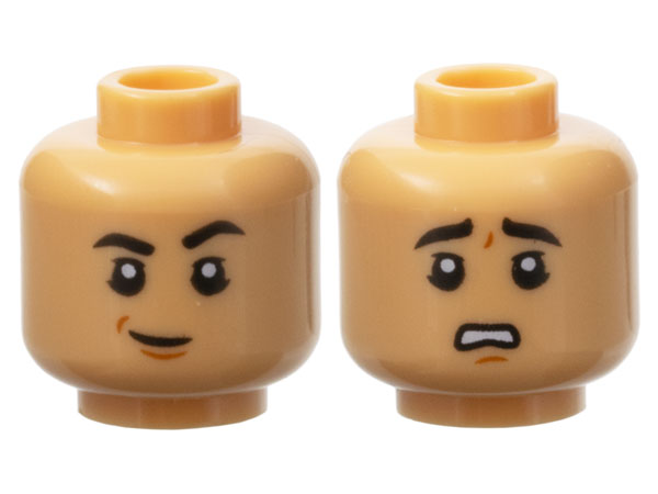 Minifigure, Head Dual Sided Black Eyebrows, Eyelids, Dark Orange Chin Dimple, Smirk / Scared Open Mouth with Teeth Pattern