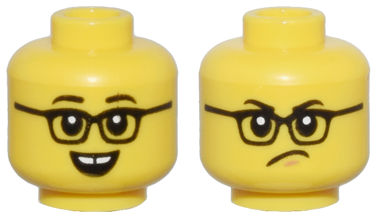 Minifigure, Head Dual Sided Black Eyebrows, Glasses, Open Mouth Smile with Gap Teeth / Angry Frown and Chin Dimple Pattern