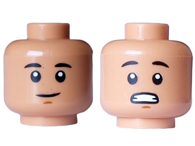 Minifigure, Head Dual Sided Black Eyebrows, Medium Nougat Chin Dimple, Lopsided Grin  / Scared Open Mouth with Teeth Pattern