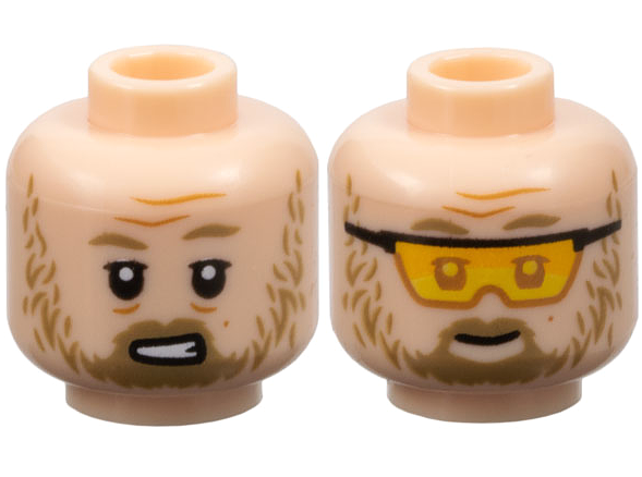 Minifigure, Head Dual Sided Dark Tan Eyebrows, Beard, Medium Nougat Forehead Lines, Open Mouth, Gritted Teeth / Grin with Sunglasses Pattern