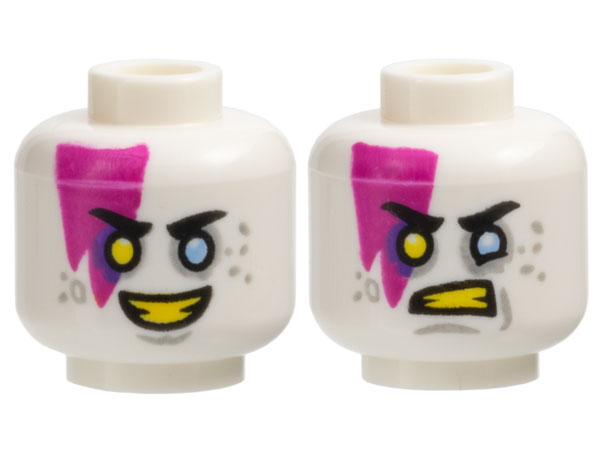 Minifigure, Head Dual Sided Black Eyebrows, Magenta Marking, Light Bluish Gray Spots, Bright Light Blue Eye Left, Yellow Eye Right and Teeth, Smile / Scowl Pattern