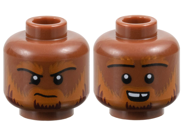 Minifigure, Head Dual Sided Dark Orange Eyebrows and Beard with Dark Red Highlights, Frown / Open Mouth Smile with Top Teeth Pattern