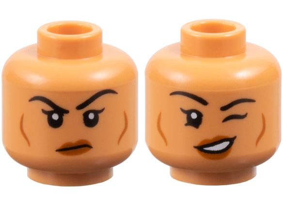 Minifigure, Head Dual Sided Female Black Eyebrows, Dark Orange Lips and Cheek Lines, Frown / Lopsided Open Mouth Smile and Wink Pattern
