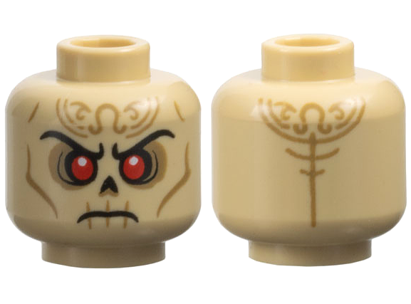Minifigure, Head Alien Skull with Black Eyebrows, Nose and Mouth, Red Eyes, Dark Tan Filigree Tattoos and Contours, Frown Pattern