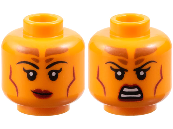 Minifigure, Head Dual Sided Female Black Eyebrows, Dark Orange Forehead Markings, Dark Red Lips and Contour Lines, Lopsided Grin / Scowl Pattern
