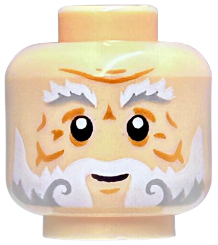Minifigure, Head White and Light Bluish Gray Bushy Eyebrows and Beard, Medium Nougat Wrinkles, Chin Dimple and Cheek Lines, Grin Pattern