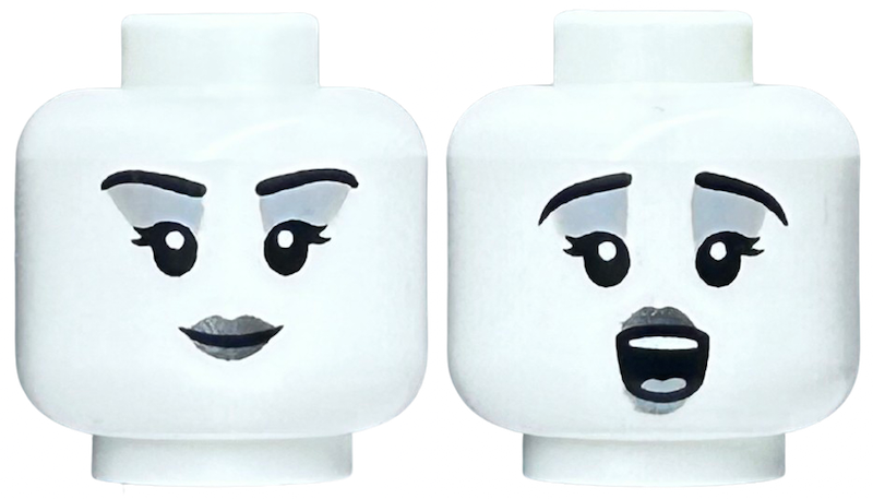 Minifigure, Head Dual Sided Female Black Eyebrows, Eyelashes, Light Bluish Gray Eye Shadow, Dark Silver Lips, Open Mouth Singing / Closed Mouth Smile Pattern