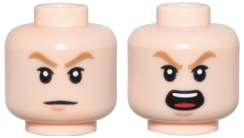 Minifigure, Head Dual Sided Medium Nougat Eyebrows, Upper Eyelids, Nougat Chin Dimple, Neutral / Open Mouth Scowl with Top Teeth and Red Tongue Pattern