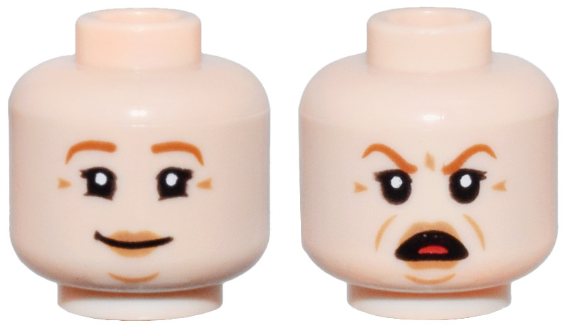 Minifigure, Head Dual Sided Female Dark Orange Eyebrows, Medium Nougat Lips and Wrinkles, Slight Smile / Open Mouth Angry Pattern