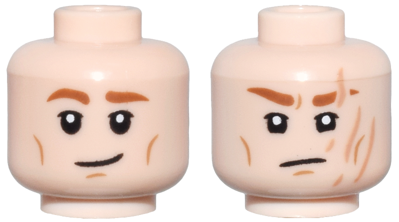 Minifigure, Head Dual Sided Dark Orange Eyebrows and Cheek Lines, Lopsided Smile / Nougat Scars Pattern