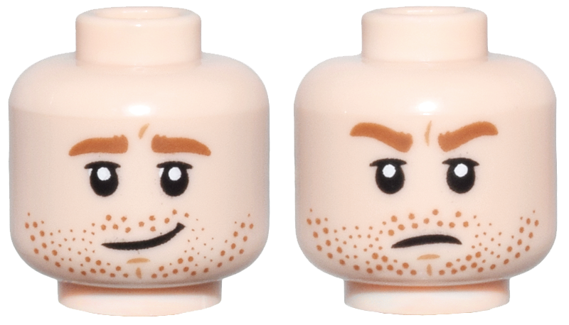 Minifigure, Head Dual Sided Dark Orange Eyebrows and Beard Stubble, Nougat Dimples, Crooked Smile / Frown Pattern