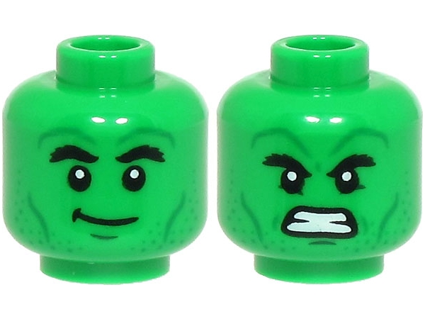 Minifigure, Head Dual Sided Black Bushy Eyebrows, Dark Green Chin Dimple, Green Cheek Lines, Stubble and Wrinkles, Lopsided Grin / Angry Bared Teeth Pattern