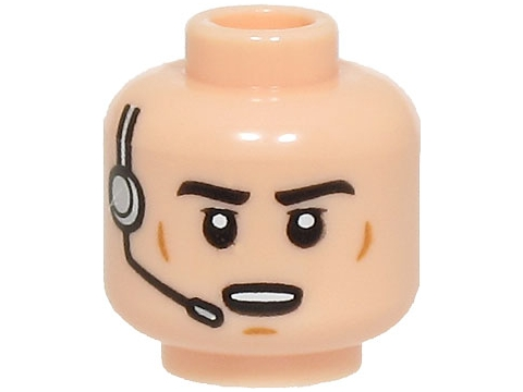 Minifigure, Head Black Eyebrows, Medium Nougat Cheek Lines and Chin Dimple, Silver Headset, Open Mouth with Top Teeth Pattern