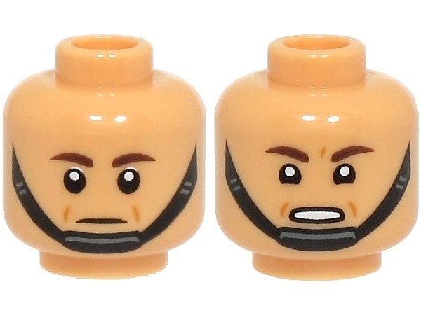Minifigure, Head Dual Sided Dark Brown Eyebrows, Black Chin Strap, Medium Nougat Cheek Lines, Neutral / Scared Open Mouth with Teeth Pattern