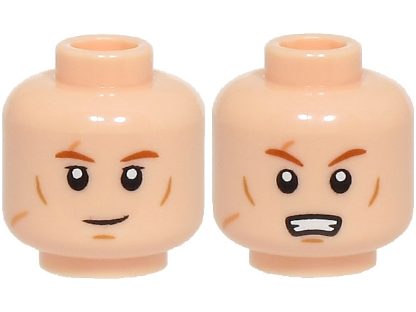Minifigure, Head Dual Sided Dark Orange Eyebrows, Medium Nougat Cheek Lines, Chin Dimple, Scars, Grin / Scared Open Mouth with Teeth Pattern