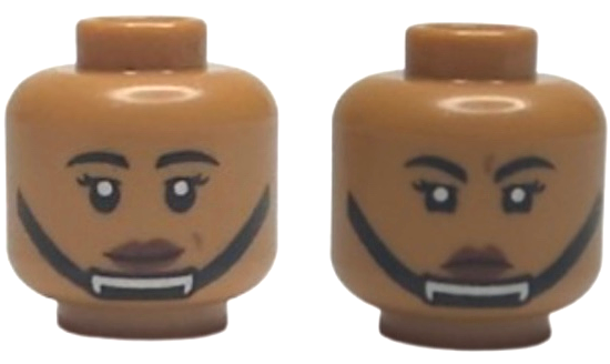Minifigure, Head Dual Sided Female Black Eyebrows and Eyelashes, Reddish Brown Lips, Black Chin Strap, Grin / Angry Frown Pattern
