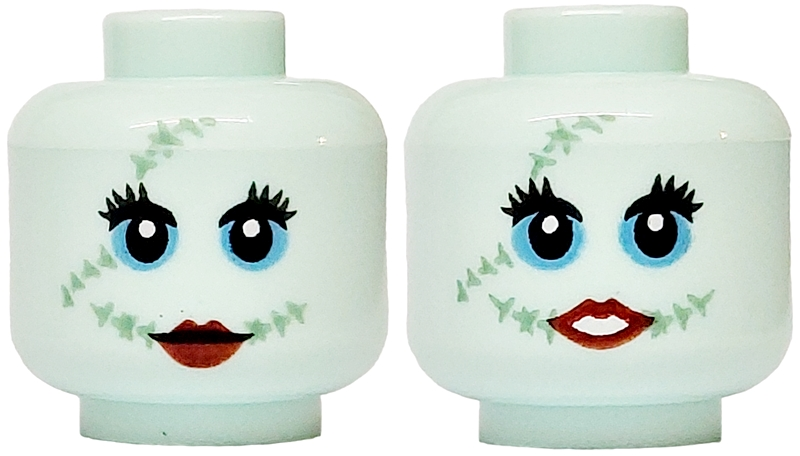 Minifigure, Head Dual Sided Alien Female Sand Green Stitching, Black Eyelashes, Medium Blue Eye Shadow, Dark Red Lips Small Smile, Closed Mouth / Showing Teeth Pattern