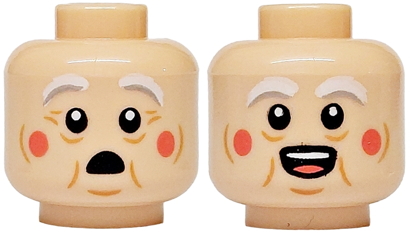 Minifigure, Head Dual Sided White and Light Bluish Gray Bushy Eyebrows, Medium Nougat Wrinkles and Crow's Feet, Coral Cheeks, Surprised / Open Mouth with Teeth and Tongue Pattern