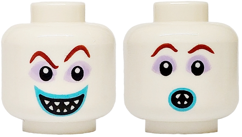 Minifigure, Head Dual Sided Alien Dark Red Eyebrows, Lavender Sunken Eyes, Medium Azure Lips, Grin with Pointed Teeth / Surprised Open Mouth Pattern