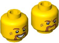 Minifigure, Head Dual Sided Dark Orange Eyebrows, Moustache and Soul Patch, Scuff Mark, Open Mouth Smile with Teeth / Angry Pattern