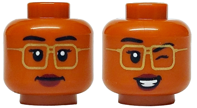 Minifigure, Head Dual Sided Female Black Eyebrows, Gold Glasses, Dark Red Lips, Closed Mouth / Wink, Open Mouth Grin with Teeth Pattern