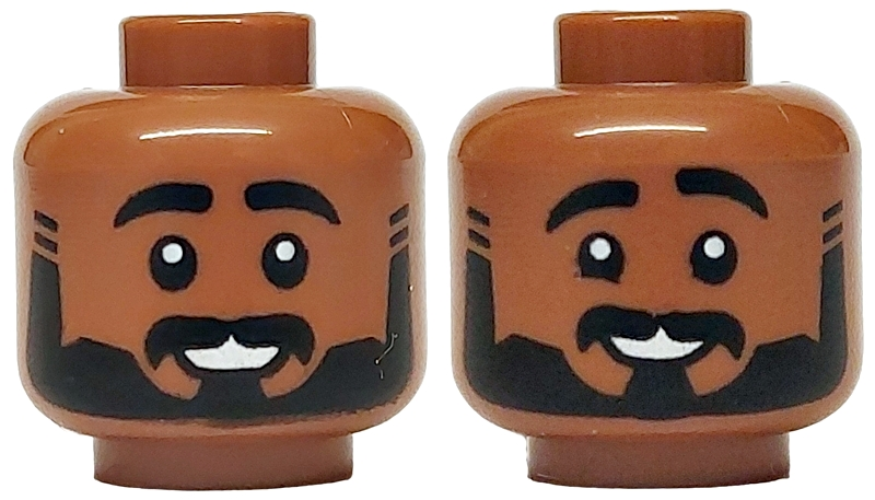 Minifigure, Head Dual Sided Black Eyebrows, Beard and Moustache, Open Mouth Smile with Teeth Pattern / Raised Left Eyebrow Pattern