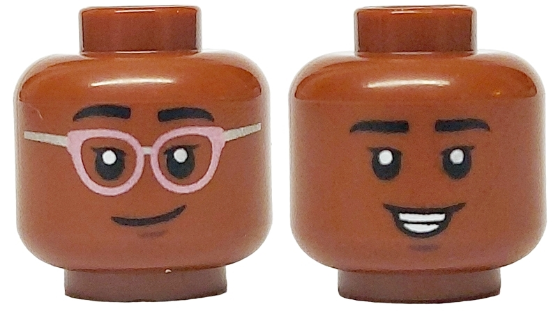 Minifigure, Head Dual Sided Female Black Eyebrows and Eyelashes, Metallic Pink and Silver Glasses, Closed Mouth Smile / Open Mouth Grin with Teeth, No Glasses Pattern