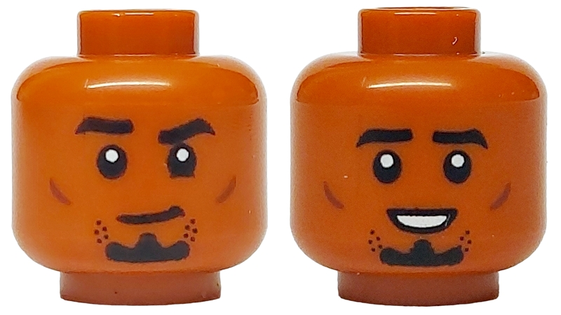 Minifigure, Head Dual Sided Black Eyebrows, Stubble and Goatee, Reddish Brown Cheek Lines, Smirk / Open Mouth Smile with Teeth Pattern