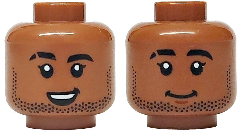 Minifigure, Head Dual Sided Black Eyebrows and Stubble, Scar on Right Eyebrow, Closed Mouth Smile / Open Mouth Grin with Teeth Pattern
