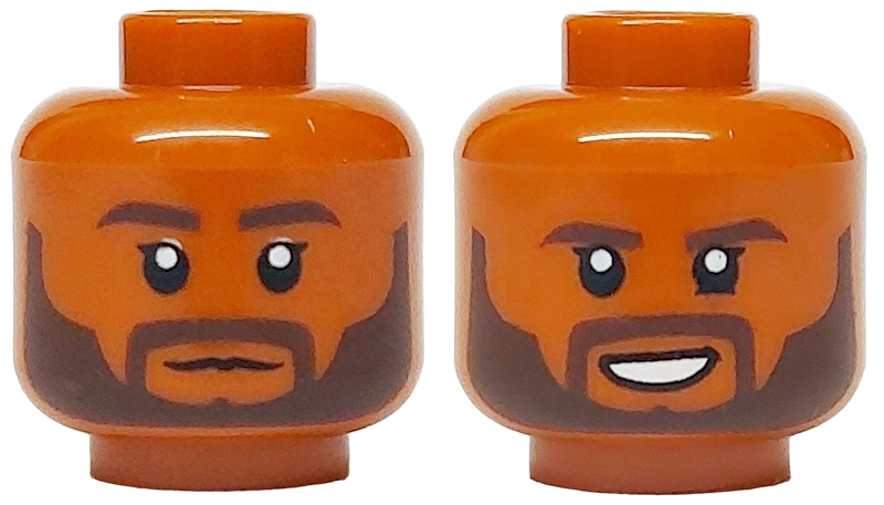 Minifigure, Head Dual Sided Dark Brown Eyebrows and Beard, Neutral / Open Mouth Scowl with Teeth Pattern