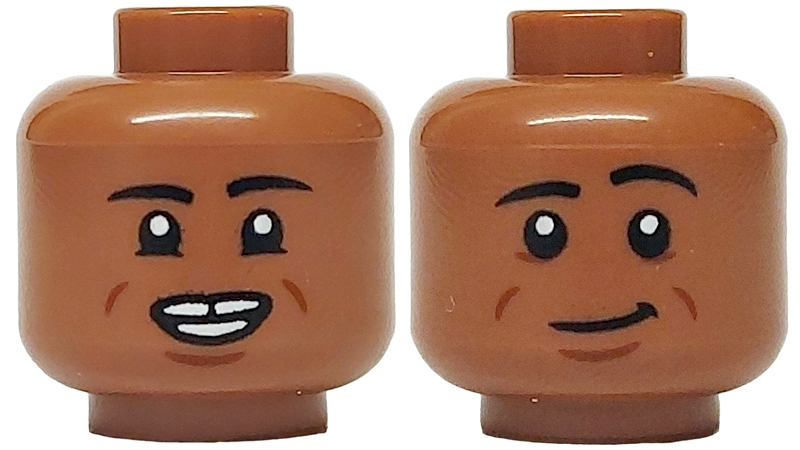 Minifigure, Head Dual Sided Black Eyebrows and Lower Eyelids, Reddish Brown Cheek Lines and Chin Dimple, Gap in Teeth / Smirk, Raised Left Eyebrow Pattern