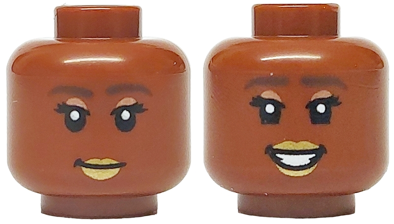 Minifigure, Head Dual Sided Female Dark Brown Eyebrows, Black Eyelashes, Copper Eye Shadow, Gold Lips, Closed Mouth Smile / Open Mouth Grin with Teeth Pattern
