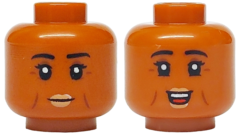 Minifigure, Head Dual Sided Female Black Eyebrows and Eyelashes, Nougat Lips, Reddish Brown Cheek Lines and Crow's Feet, Closed Mouth Smile / Open Mouth Grin with Teeth and Red Tongue Pattern