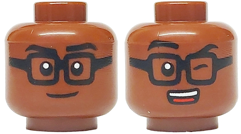 Minifigure, Head Dual Sided Black Eyebrows and Square Glasses, Closed Mouth Smile / Wink, Open Mouth with Teeth and Red Tongue Pattern