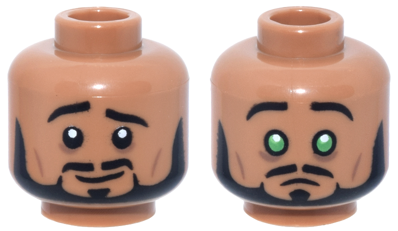 Minifigure, Head Dual Sided Black Eyebrows, Moustache and Beard, Medium Brown Cheek Lines, Worried Grin / Frown with Bright Green Eyes Pattern