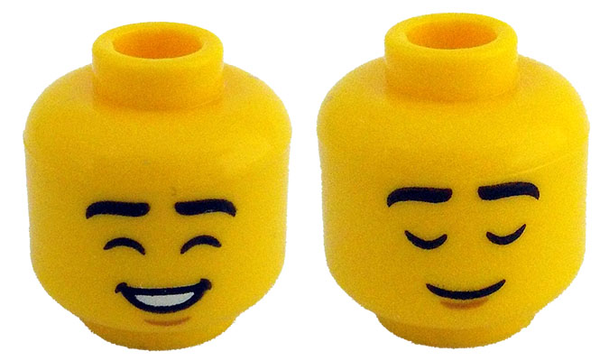 Minifigure, Head Dual Sided Black Eyebrows, Closed Eyes, Medium Nougat Chin Dimple, Open Mouth Smile with Teeth / Closed Mouth Grin Pattern