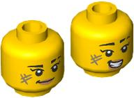 Minifigure, Head Dual Sided Female Black Eyebrows, Scar, Olive Green Scuff Mark, Nougat Lips, Lopsided Grin / Open Mouth Smile with Teeth Pattern