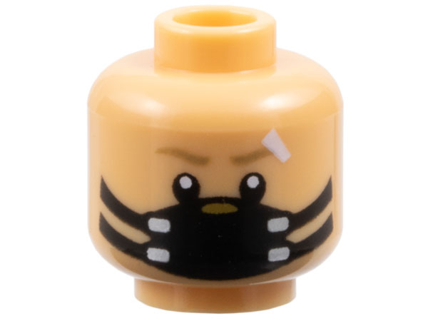 Minifigure, Head Dark Tan Eyebrows, White Bandage, Black Dust Mask, Gold and Silver Trim Pattern