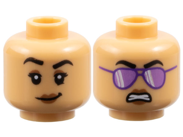 Minifigure, Head Dual Sided Female Black Eyebrows and Eyelashes, Medium Brown Eyelids and Lips, Lopsided Grin with Raised Eyebrow Right / Scowl with Dark Purple Sunglasses with Medium Lavender Lenses Pattern
