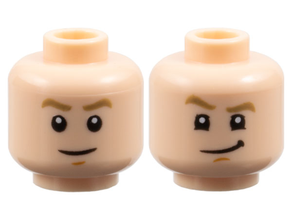 Minifigure, Head Dual Sided Dark Tan Eyebrows, Medium Nougat Chin Dimple, Grin / Lopsided Grin with Raised Eyebrow Right Pattern