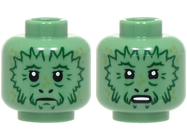 Minifigure, Head Dual Sided Alien with Dark Green Wrinkles and Zigzag Contours, Olive Green Spots, Frown / Surprised Open Mouth with Teeth Pattern