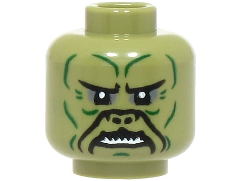 Minifigure, Head Alien with SW Klatooinian Dark Green Facial Lines, Black Nose Contours, Dark Bluish Gray Eye Shadow, Sharp Teeth Pattern
